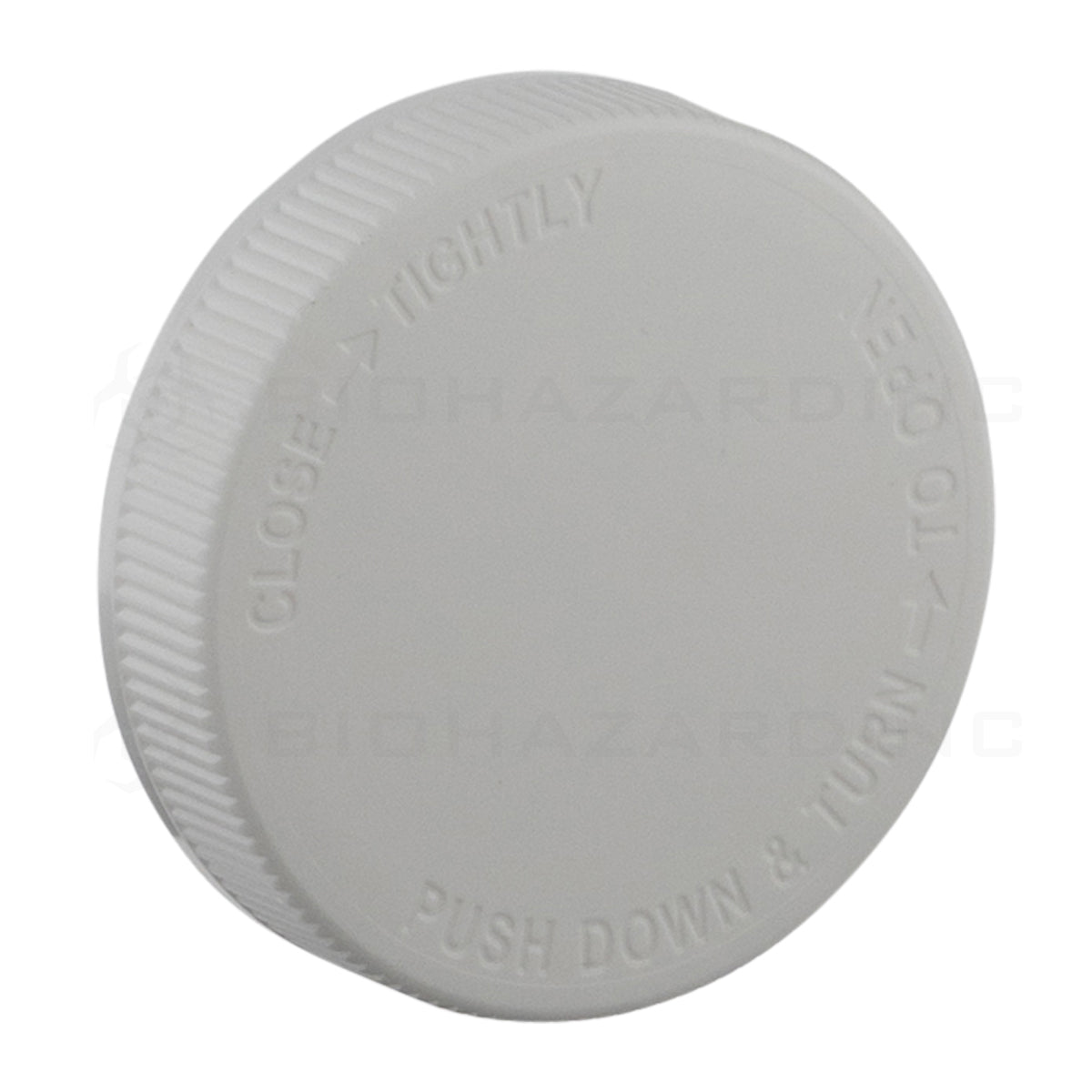 Child Resistant | Plastic Cap w/ Debossed Text | 70mm - White Child Resistant Cap Biohazard Inc   