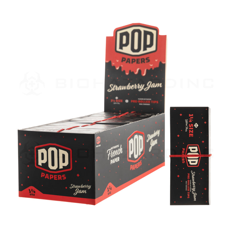 Pop Papers | Wholesale Ultra Thin 1¼ Rolling Paper w/ Flavor Filter Tips | 78mm - 24 Count - Various Flavors Rolling Papers Biohazard Inc Strawberry Jam  