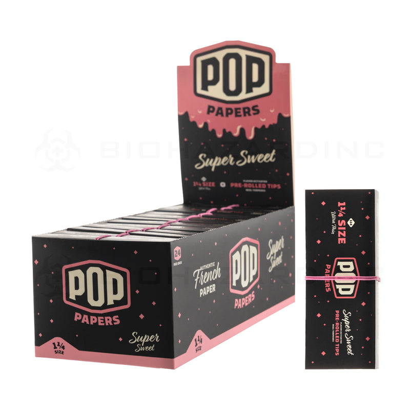 Pop Papers | Wholesale Ultra Thin 1¼ Rolling Paper w/ Flavor Filter Tips | 78mm - 24 Count - Various Flavors Rolling Papers Biohazard Inc Super Sweet  