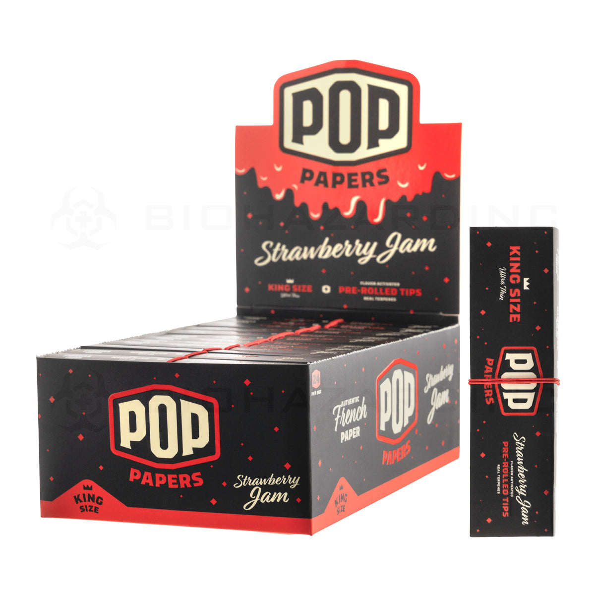 Pop Papers | Wholesale Ultra Thin King Size Rolling Paper w/ Flavor Filter Tips | 110mm - 24 Count - Various Flavors Rolling Papers Biohazard Inc Strawberry Jam  
