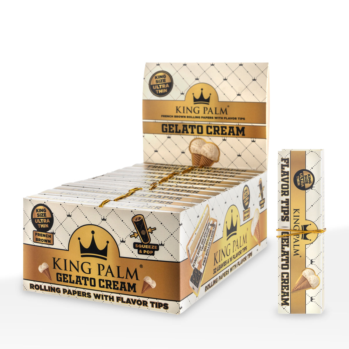 King Palm™ | French Brown King Size Joint Rolling Papers + Tips | 32 Pack - 24 Count - Various Flavors Rolling Papers + Tips King Palm Gelato Cream  