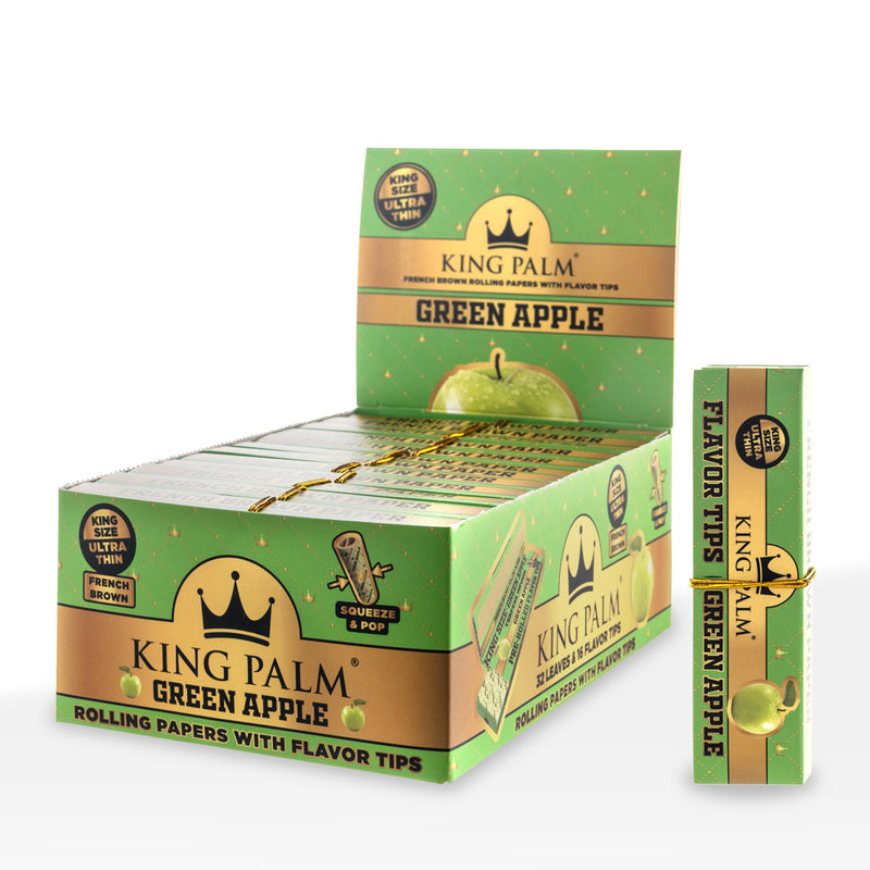 King Palm™ | French Brown King Size Joint Rolling Papers + Tips | 32 Pack - 24 Count - Various Flavors Rolling Papers + Tips King Palm Green Apple  