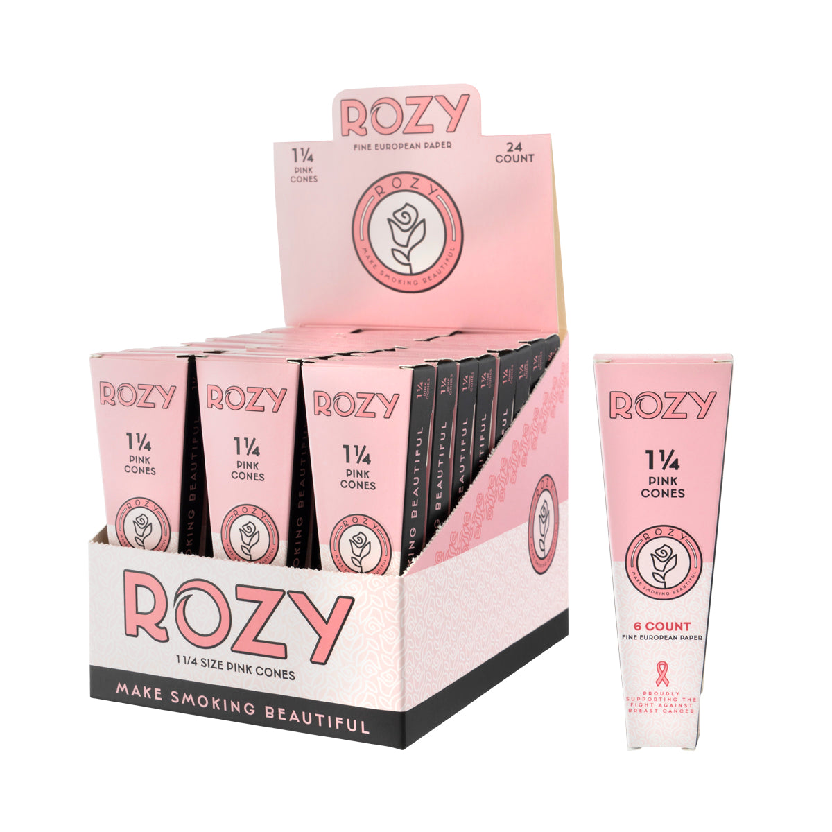 Rozy Pink | Pre-Rolled Cones 1¼ Size 6-Pack | 84mm - Pink - 24 Count Pre-Rolled Cones Rozy   