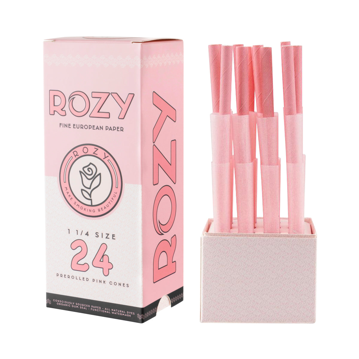 Rozy Pink | Pre-Rolled Cones 1¼ Size | 84mm - Pink - 24 Count Pre-Rolled Cones Rozy   