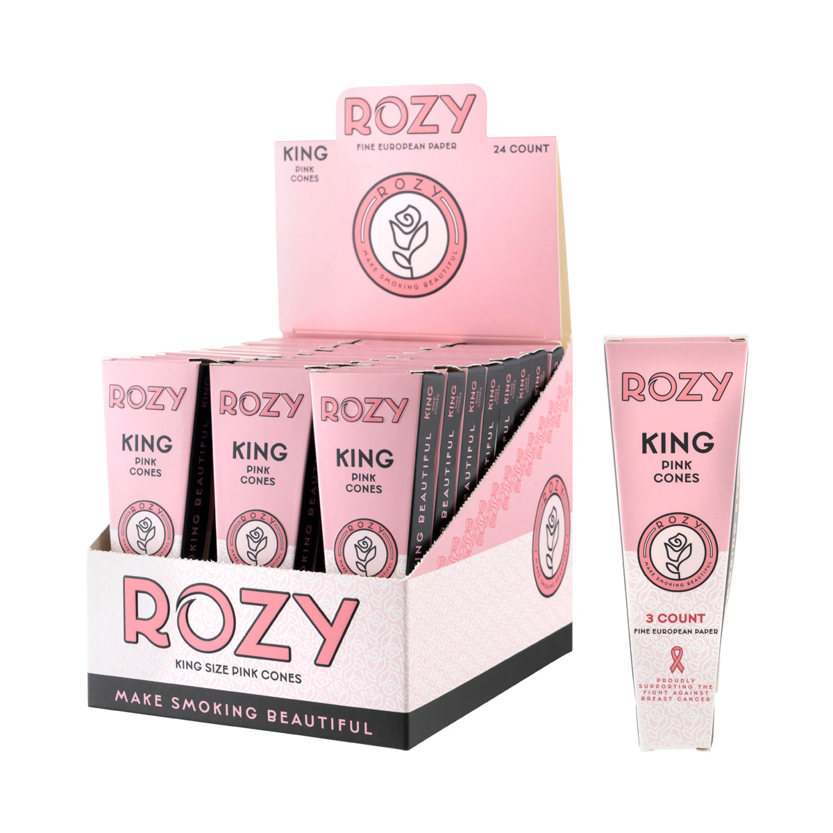 Rozy Pink | Pre-Rolled Cones King Size 3-Pack | 109mm - Pink - 24 Count Pre-Rolled Cones Rozy   