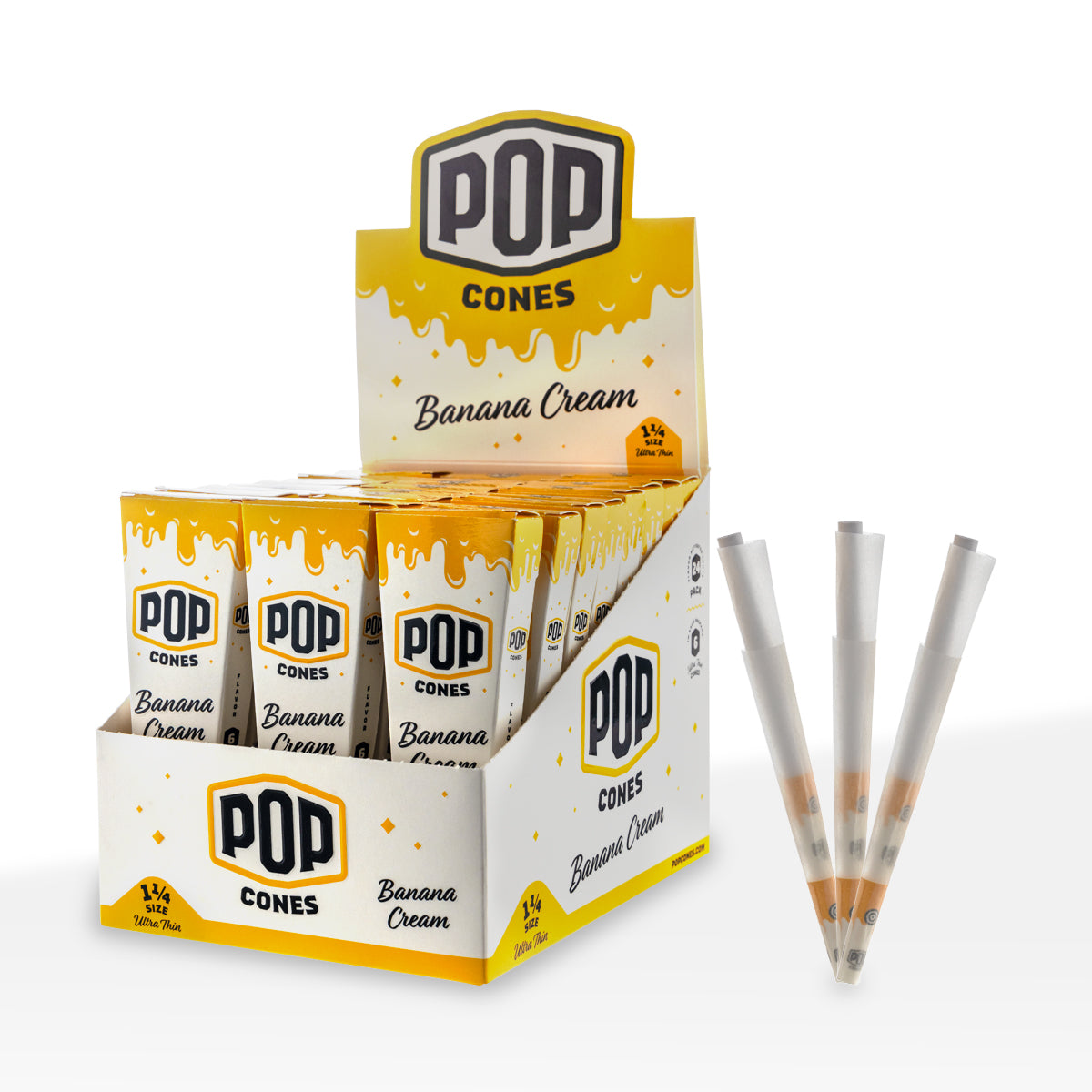 Pop Cones | Ultra Thin Pre-Rolled Cones 1¼ Size | 78mm - Various Flavors - 6 Pack 24 Count Pre-Rolled Cones Biohazard Inc Banana Cream  