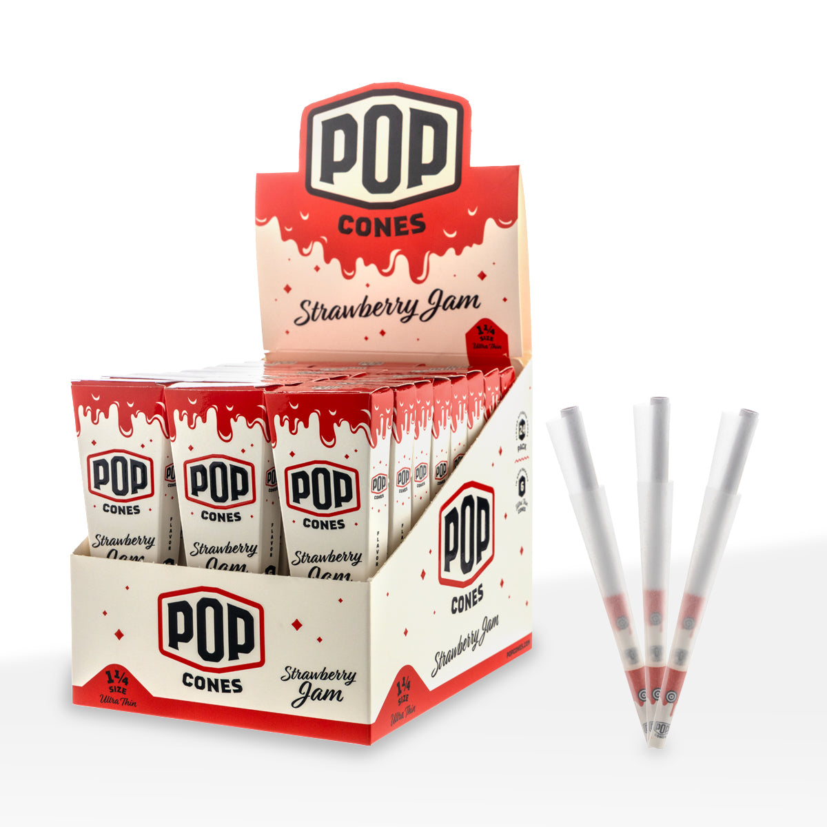 Pop Cones | Ultra Thin Pre-Rolled Cones 1¼ Size | 78mm - Various Flavors - 6 Pack 24 Count Pre-Rolled Cones Biohazard Inc Strawberry Jam  
