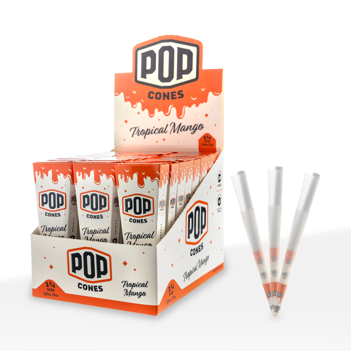 Pop Cones | Ultra Thin Pre-Rolled Cones 1¼ Size | 78mm - Various Flavors - 6 Pack 24 Count Pre-Rolled Cones Biohazard Inc Tropical Mango  