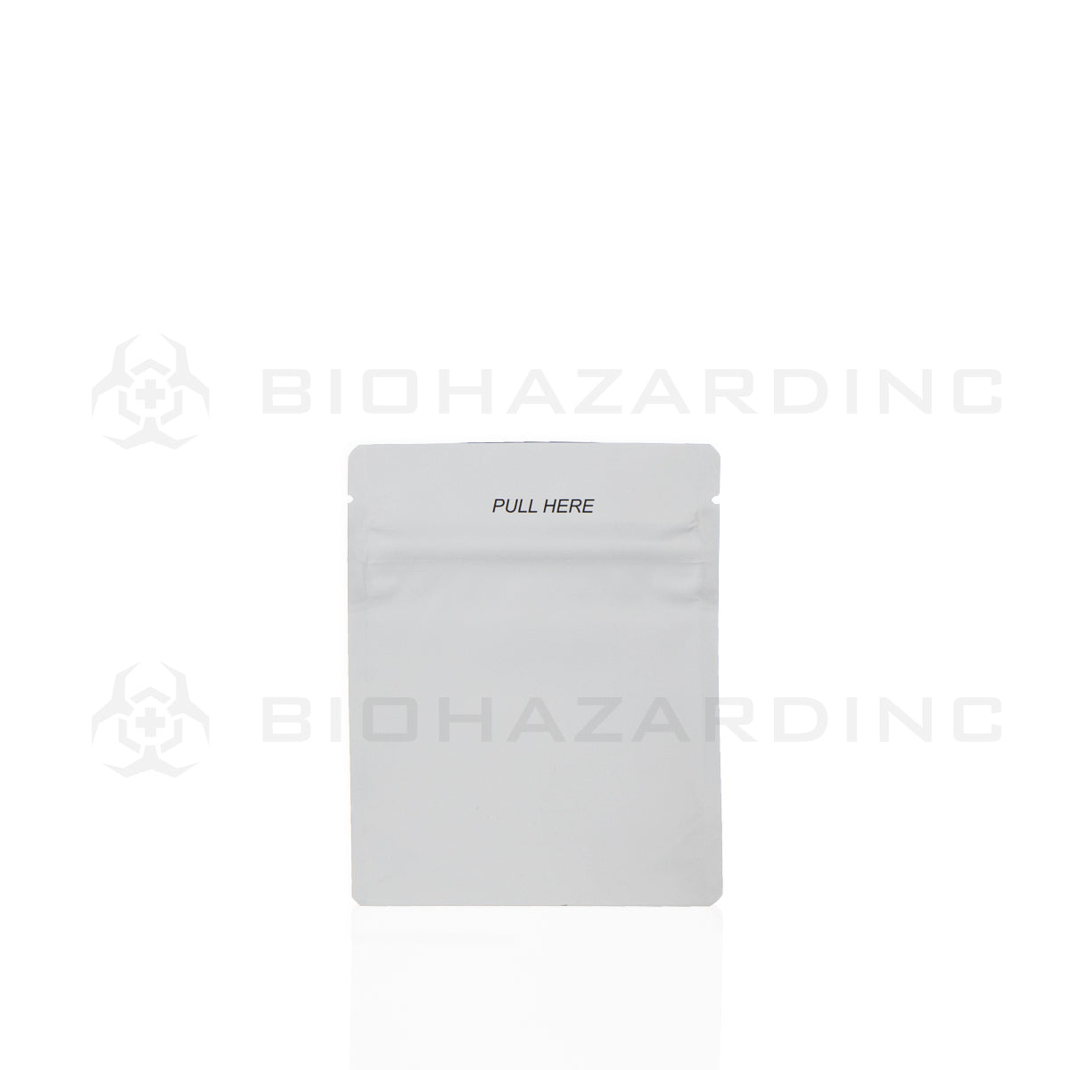 DISCONTINUED Child Resistant & Tamper Evident | Matte White Mylar Bags | 4" x 5" - 3.5g - 250 Count Child Resistant Mylar Bag Biohazard Inc   