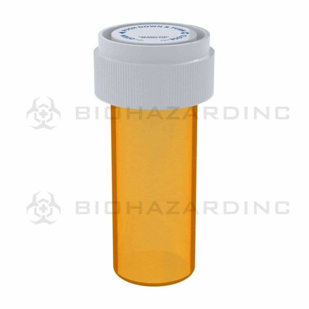 Child Resistant | Transparent Amber Reversible Cap Vials | 8 Dram - 1 Gram - 410 Count Reversible Cap Vial Biohazard Inc   