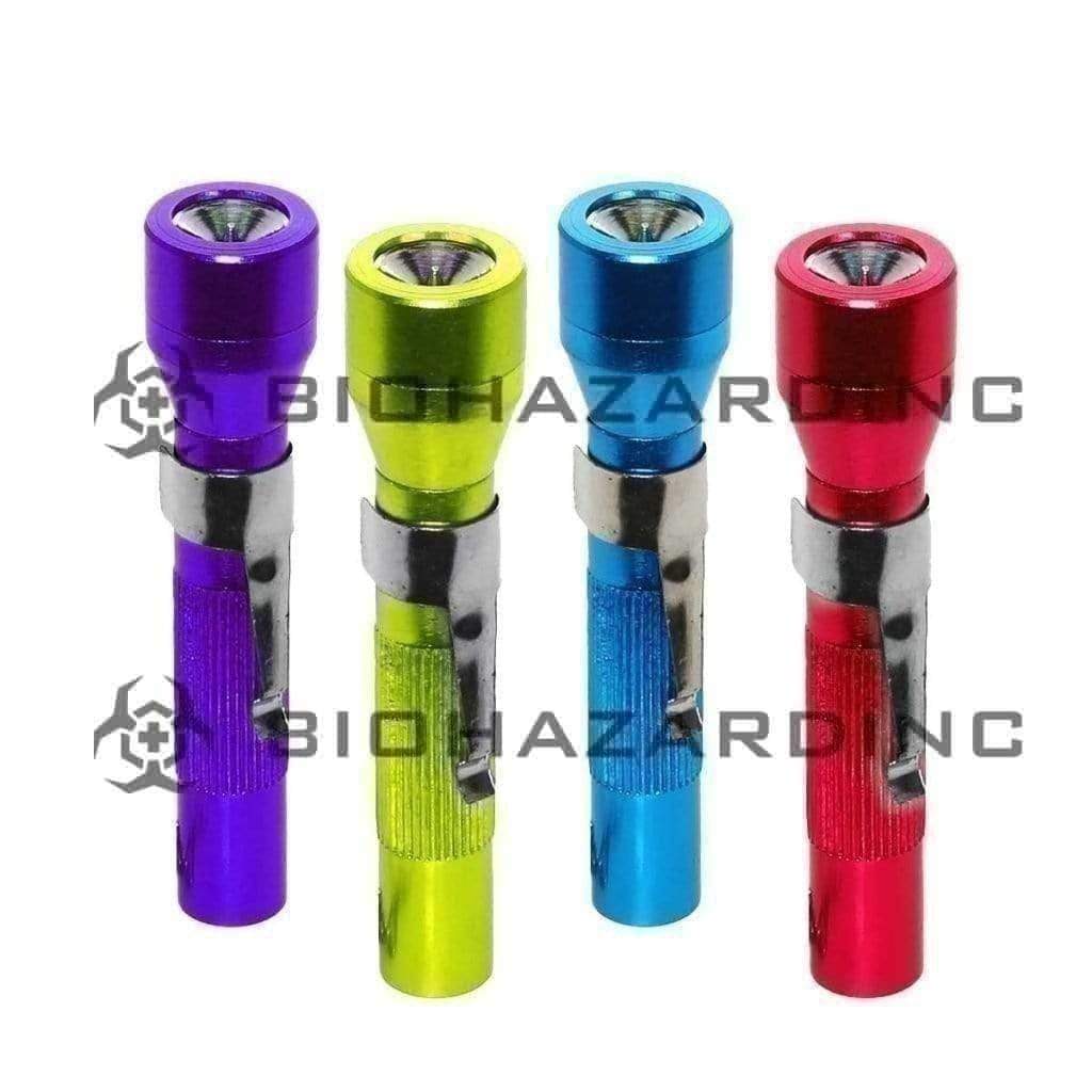 Novelty | Flashlight Pipe | 3.5" - Metal - Various Quantity Metal Hand Pipe Biohazard Inc Assorted Color  