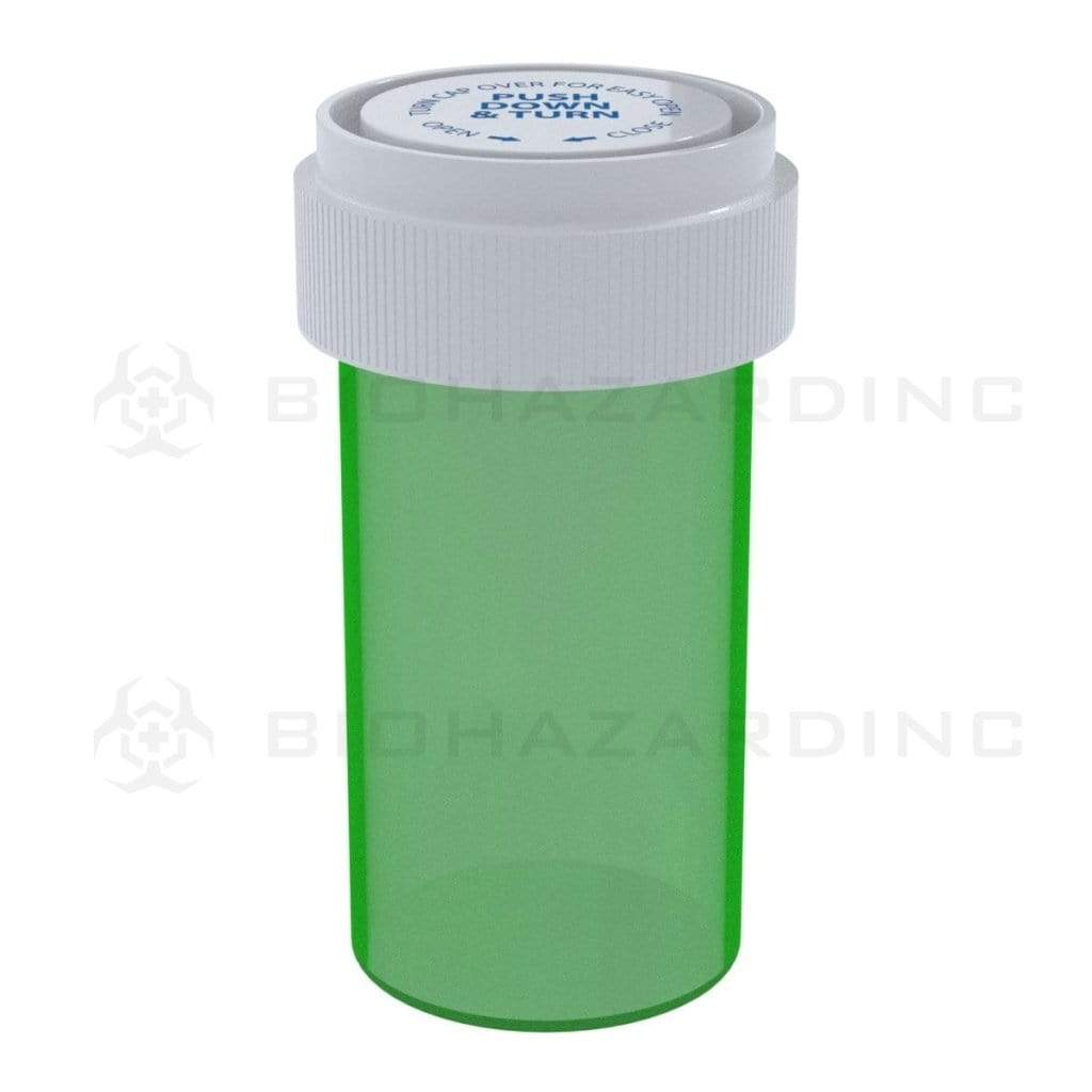 Child Resistant | Translucent Green Reversible Cap Vials | 13 Dram - 2 Grams - 275 Count Reversible Cap Vial Biohazard Inc   