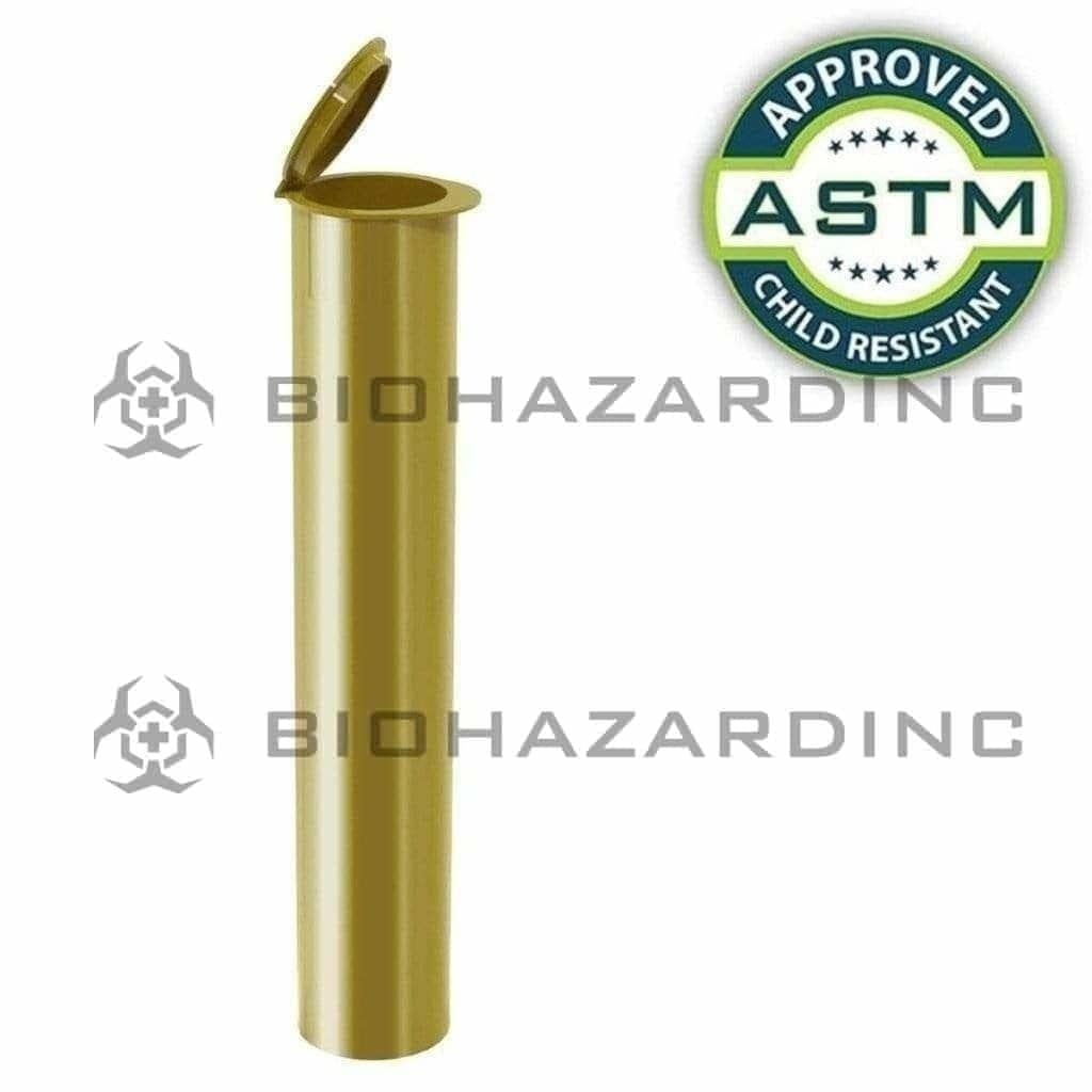 Child Resistant | Pop Top Plastic Pre-Roll Tubes | 95mm - Opaque Gold - 1000 Count Child Resistant Joint Tube Biohazard Inc   