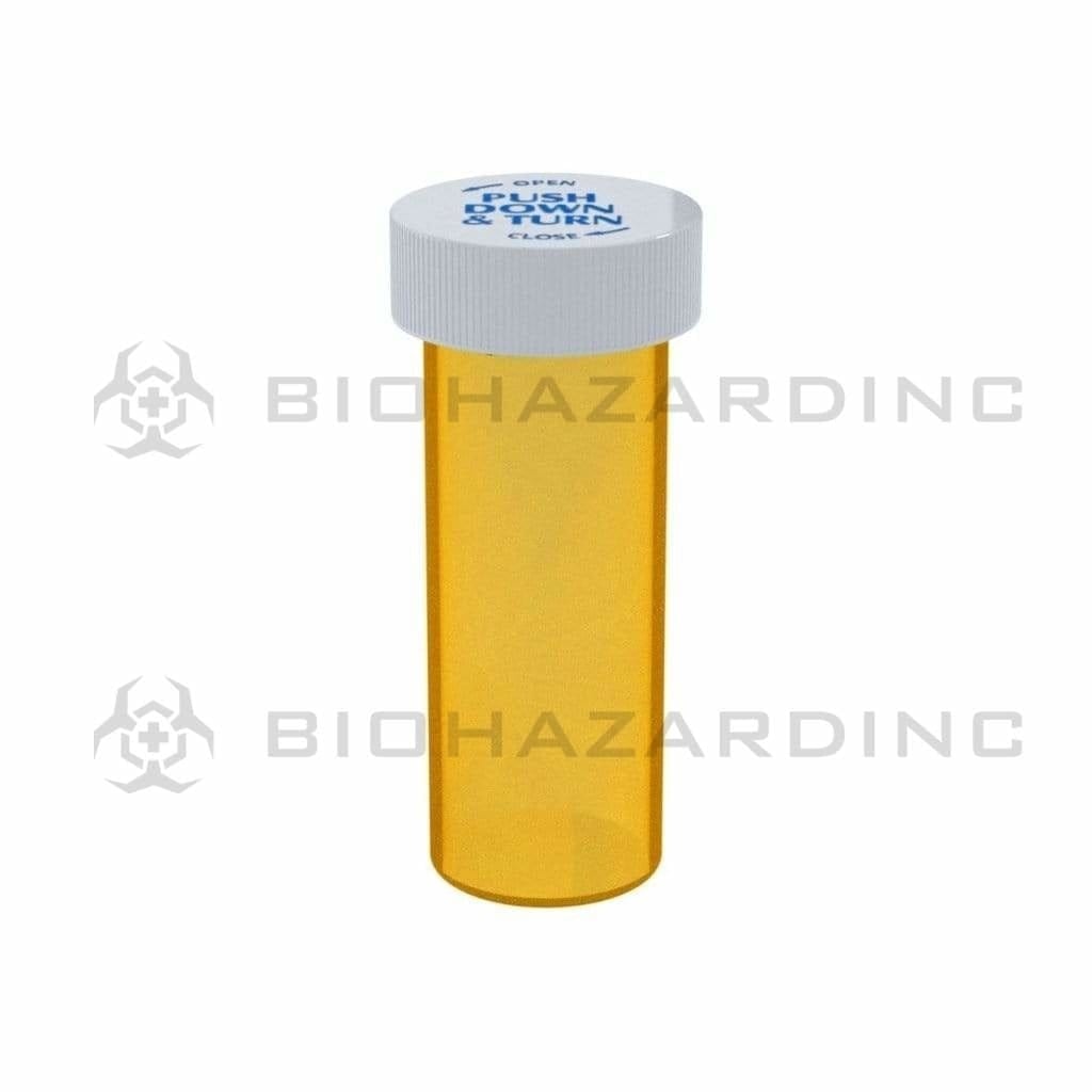 Child Resistant | Translucent Amber Push & Turn Cap Vials | 8 Dram - 1 Gram - 420 Count Push & Turn Vial Biohazard Inc   