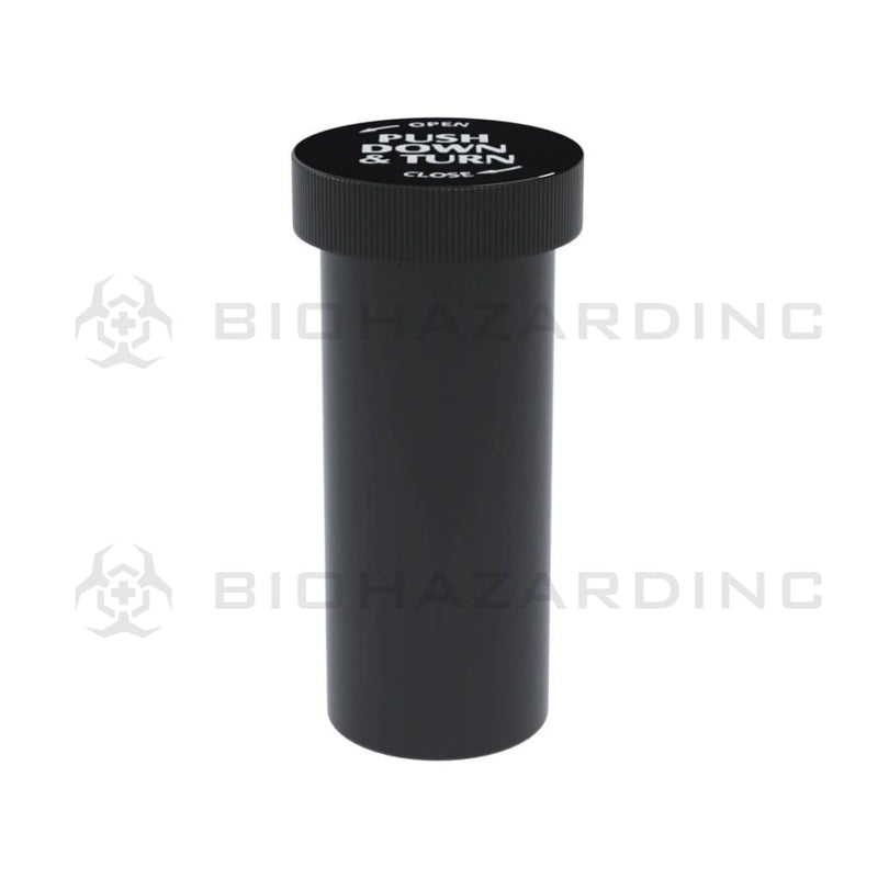 Child Resistant | Opaque Black Push & Turn Cap Vials | 16 Dram - 3 Grams - 270 Count Push & Turn Vial Biohazard Inc   