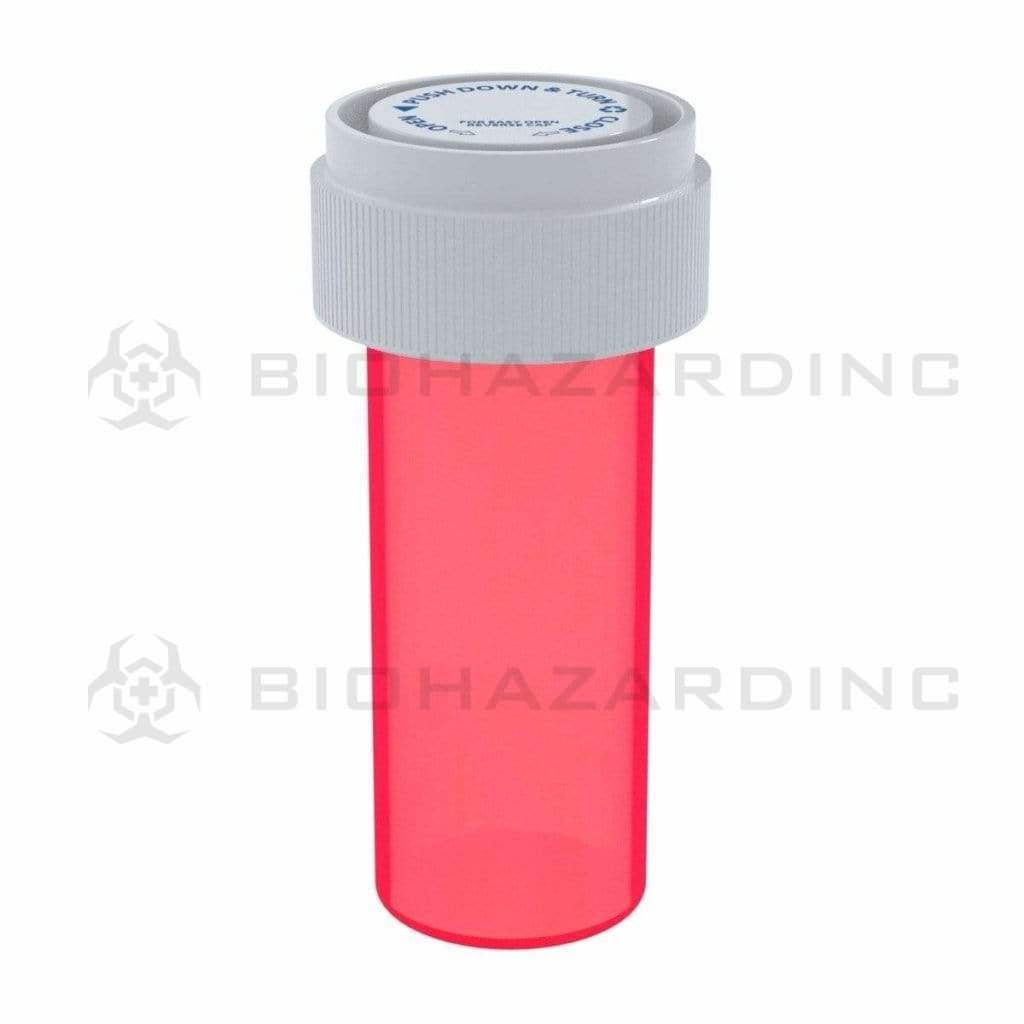 Child Resistant | Translucent Red Reversible Cap Vials | 8 Dram - 1 Gram - 410 Count Reversible Cap Vial Biohazard Inc   